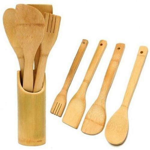 Bamboo Wooden Cooking/Serving Spoon Set 4 Pcs + 1 Holder