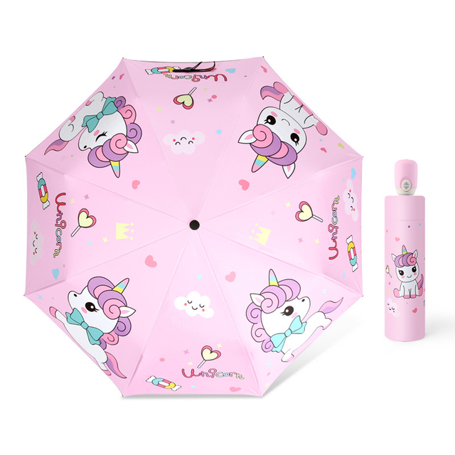 Children Automatic Umbrella Rain Kids Lovely Unicorn Folding Umbrellas Windproof Black Coating Anti UV Parasol Girl Boy Umbrella