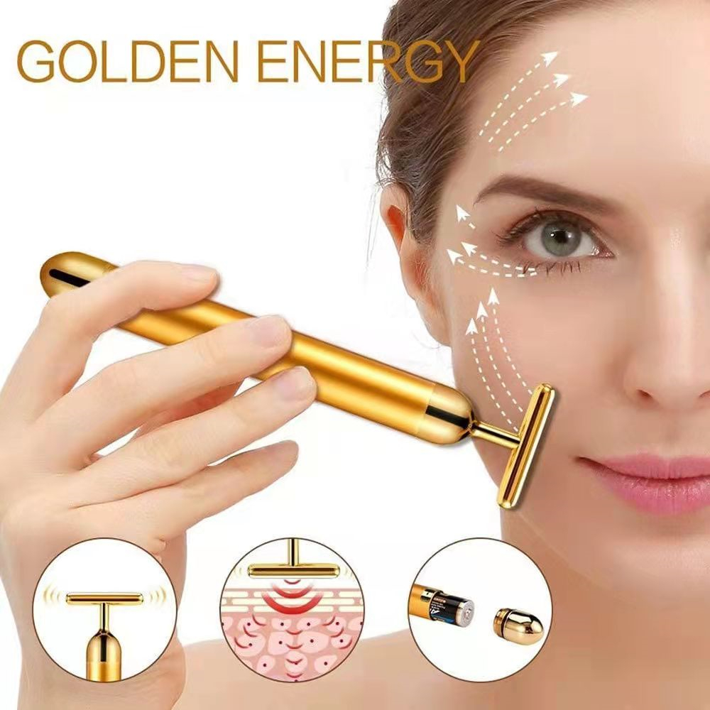 24K Gold Electric Facial Roller Beauty Bar Vibrating Face Massager T Shape Face Lift Anti-Wrinkles Skin Tightening Firming Tool
