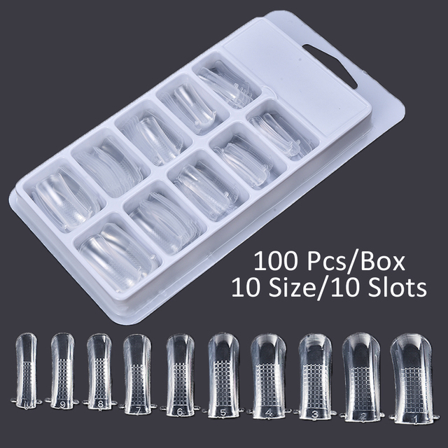 100Pcs/Box Gel Quick Building Mold Full Nail Tips Finger Extension Nail Art UV Builder Tools Press On Nails 10 Sizes with Clips