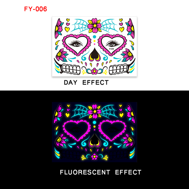 2022 Halloween Day Of The Dead Scary Luminous Temporary Tattoo Ghost Festival Skull Face Party Ball Makeup Sticker Flash Tattoo