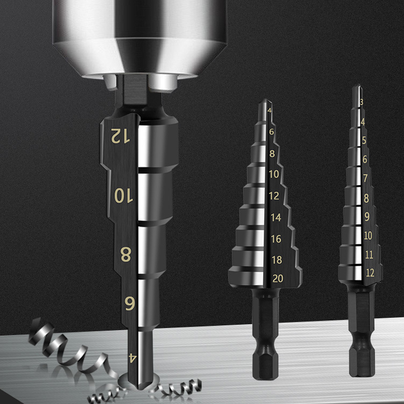 3PCS 3-12mm 4-12mm 4-20mm HSS Straight Groove Step Drill Bit Set Titanium Coated Wood Metal Hole Cutter Core Drill Bit Set