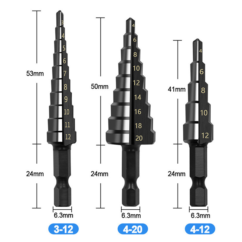 3PCS 3-12mm 4-12mm 4-20mm HSS Straight Groove Step Drill Bit Set Titanium Coated Wood Metal Hole Cutter Core Drill Bit Set