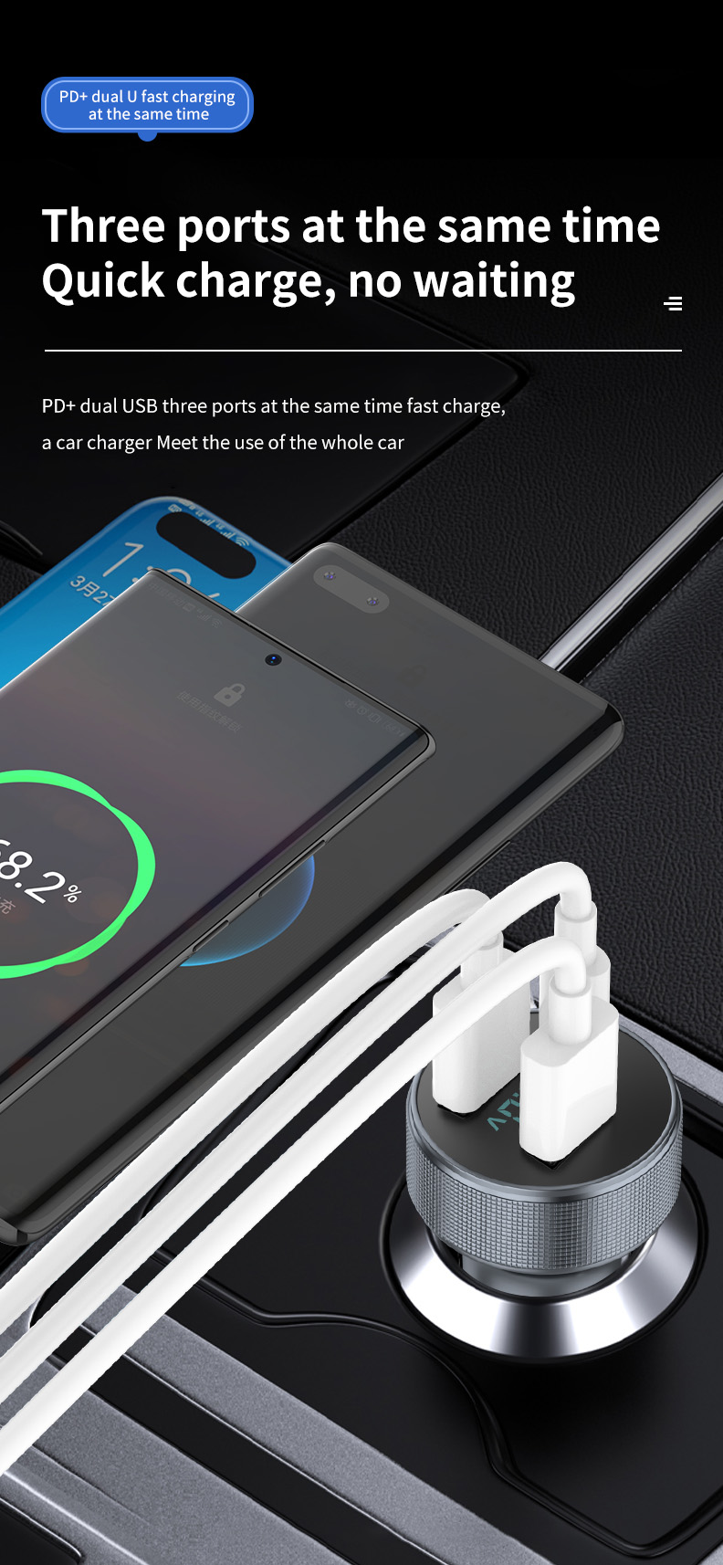 5V3A USB Car Charger PD USB Type C Dual Port USB Phone Charger Fast Charging for IPhone 13 Xiaomi Samsung IPad Laptops Tablets