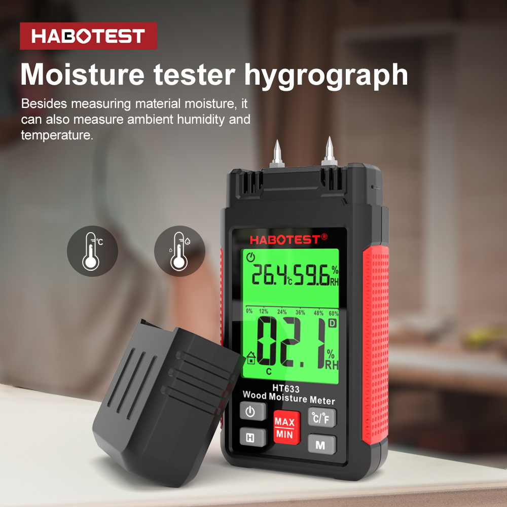 HT633 Wood Moisture Meter Pin Type Digital Moisture Detector Ambient Temperature Humidity with LCD Backlight Display