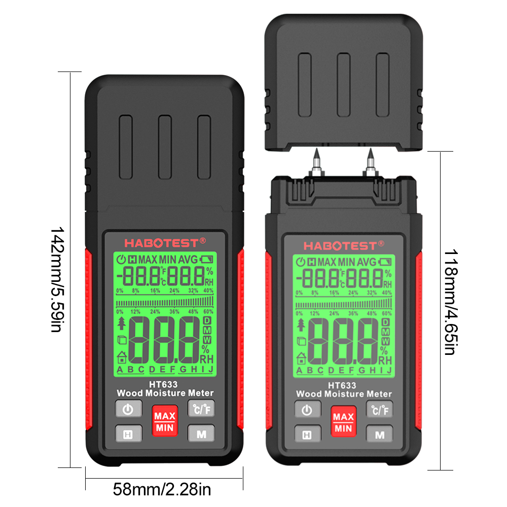 HT633 Wood Moisture Meter Pin Type Digital Moisture Detector Ambient Temperature Humidity with LCD Backlight Display