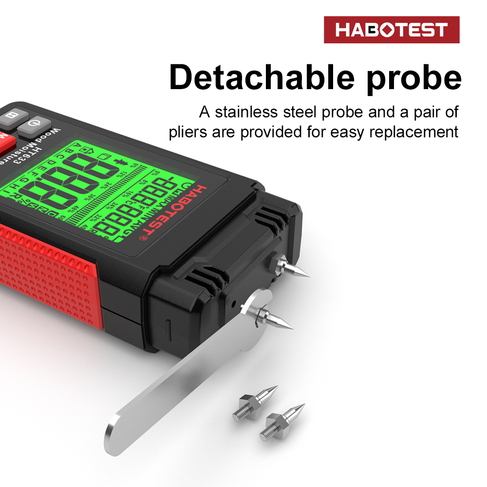 HT633 Wood Moisture Meter Pin Type Digital Moisture Detector Ambient Temperature Humidity with LCD Backlight Display