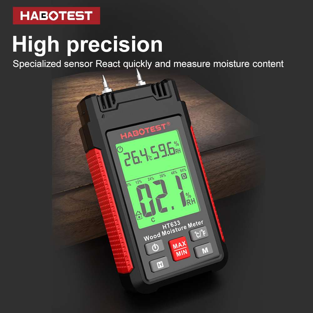 HT633 Wood Moisture Meter Pin Type Digital Moisture Detector Ambient Temperature Humidity with LCD Backlight Display