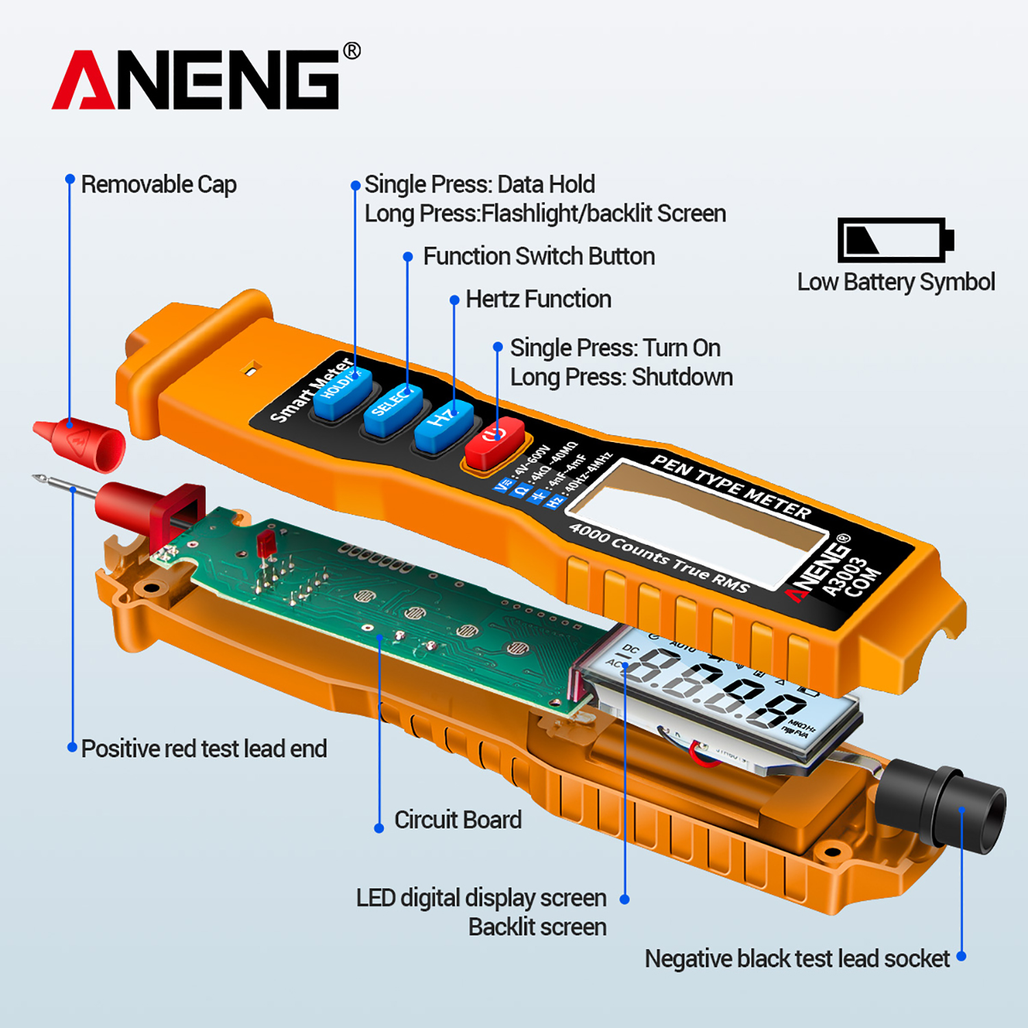 A3003 Digital Multimeter NCV AC/DC Voltmeter Ohmmeter 4000 Counts LCD Backlight Tester with Data Hold and Flashlight