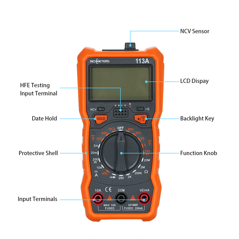 RM113D NCV Digital Multimeter 2000 Counts HFE AC/DC Voltage Measuring Meter Magnetic Suction Flash Light Backlight Multi-meter