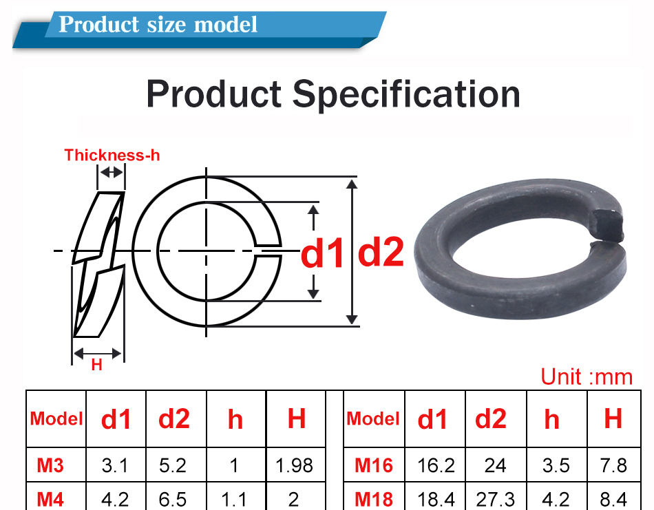 Spring Lock Washer M3 M4 M5 M6 M8 M10 M12 M14 M16 M18 M20 M22 M24 M27 M30 Carbon Steel Material Blackening Washer