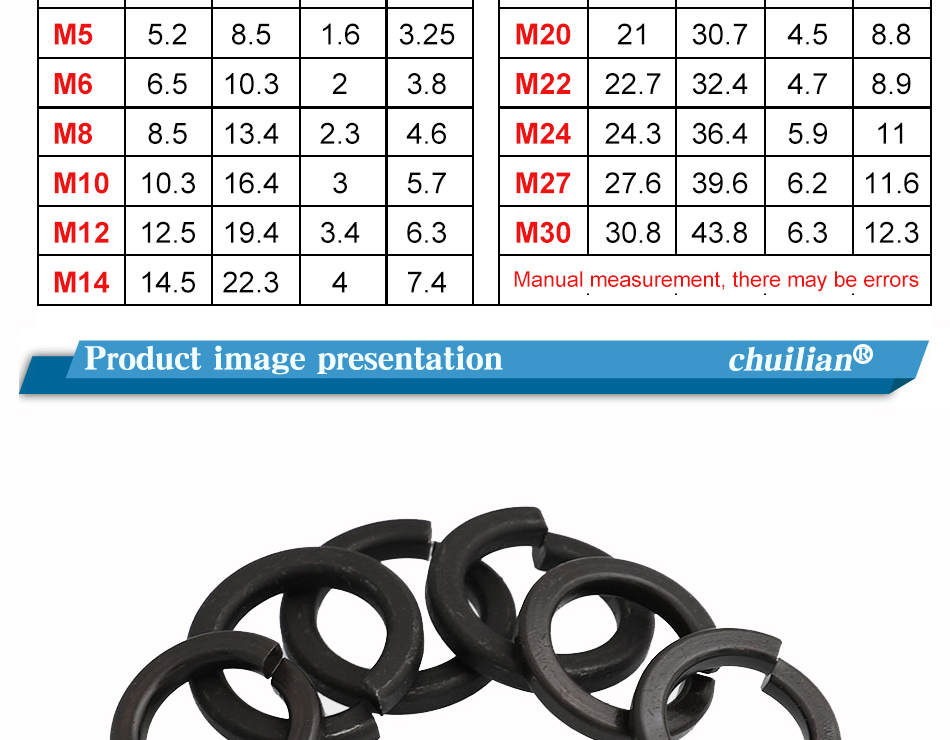 Spring Lock Washer M3 M4 M5 M6 M8 M10 M12 M14 M16 M18 M20 M22 M24 M27 M30 Carbon Steel Material Blackening Washer