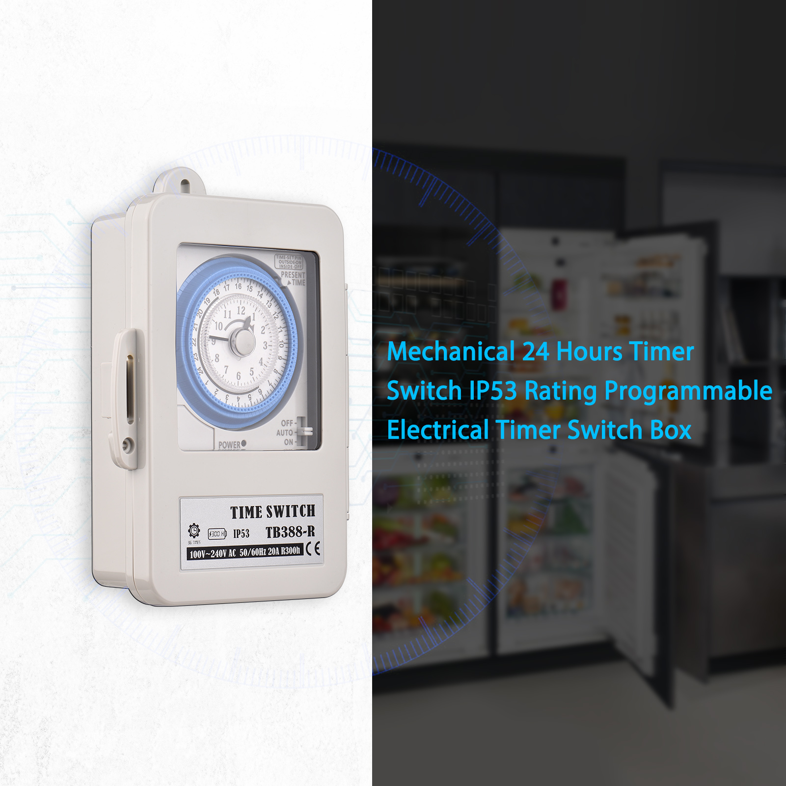 Mechanical 24h Timer Switch IP53 Rating Programmable Electrical Timer Switch Box AC 100-240V 15 Minutes Interval 96 Times ON/OFF