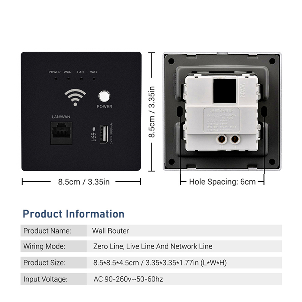 In-Wall Wireless WiFi Router 300M AP Access Point WiFi Router USB-Charging Socket Wall Mount Wi-Fi AP Router with WPS Encryption