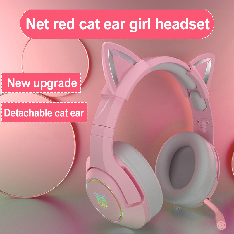 Pink Gaming Headset Pink Detachable Cat Ear Headset Cute Girl Heart Headphones With Microphone Volume Adjustment For PS4 PC