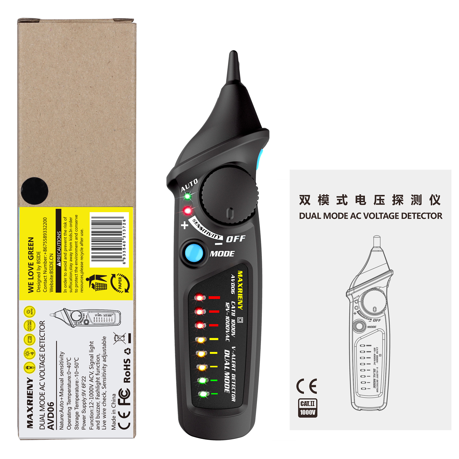 AC Voltage Detector AVD06 Dual Mode 12V/48V~1000V Circuit Tester Non-contact AC Voltage Test Pen with Flashlight