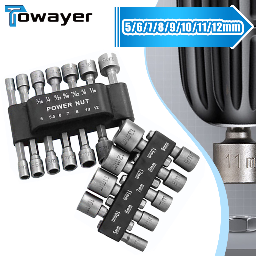 Hex Socket Screw Sleeve Nozzles Nut 1/4" Hexagonal Screwdriver Set 5-12mm Hexagon Nut Driver Drill Adapter For Woodworking Tools