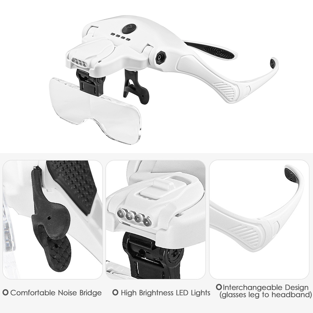 LED Illuminated Headband Magnifier 5 Detachable Lens 1.0X-3.5X Interchangeable Magnifier Glasses Loupe  Magnifying Tool