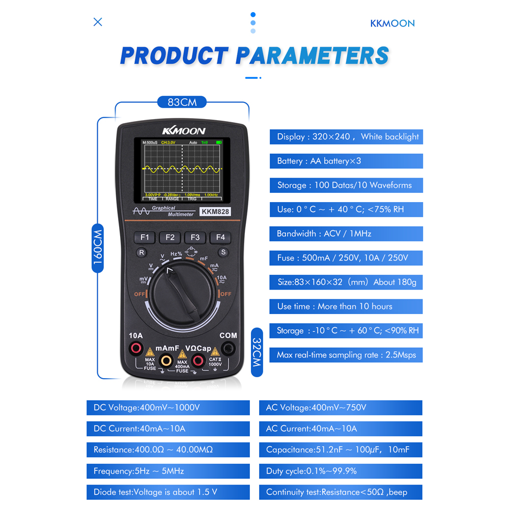 KKmoon kkm828 High Clarity Intelligent Graphical Digital Oscilloscope Multimeter 2 in 1 with 2.4 Inches Color Screen