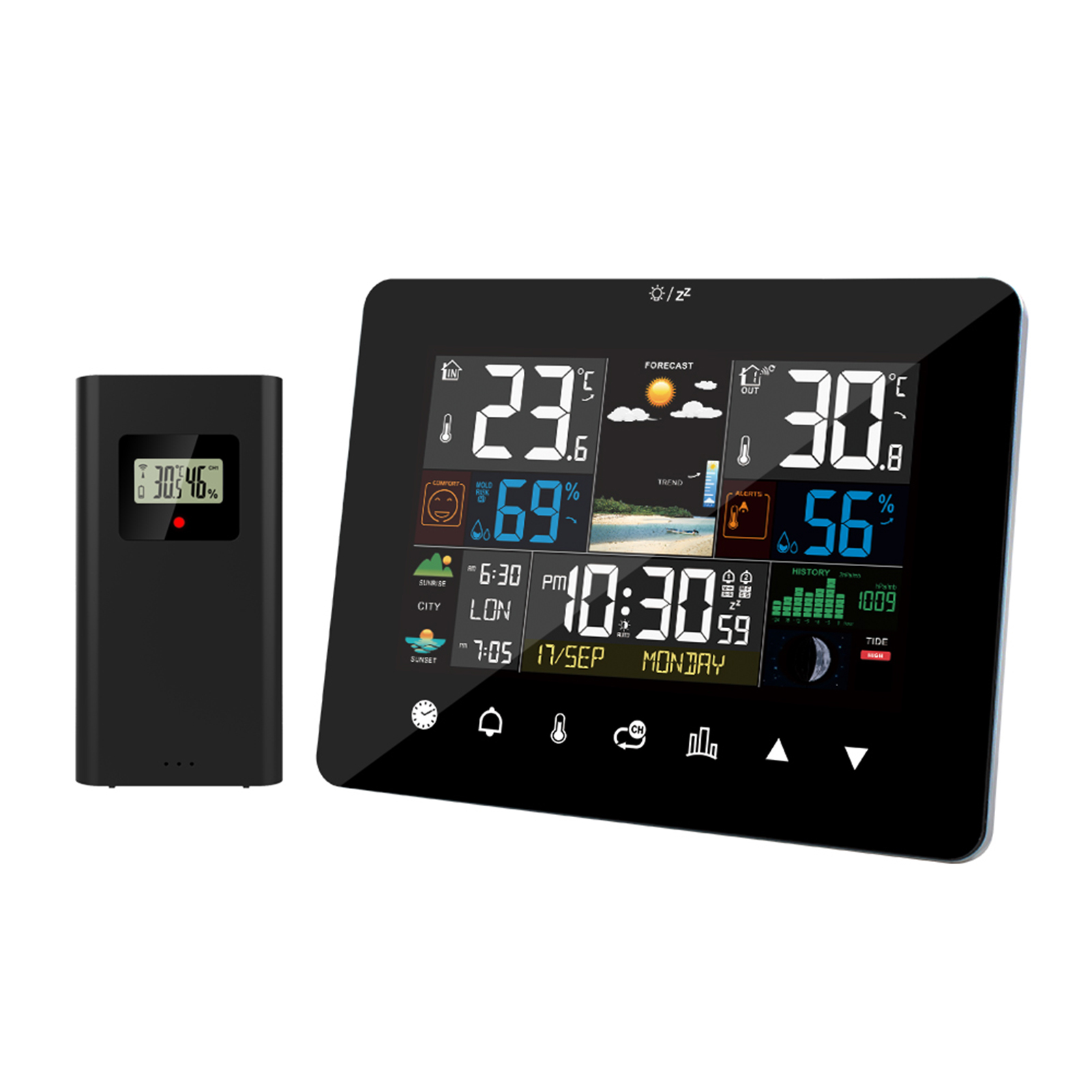 Sunrise and Sunset Thermometer Hygrometer Touch Screen Operation Weather Station Alarm Clock with Wireless OutdoorSensor