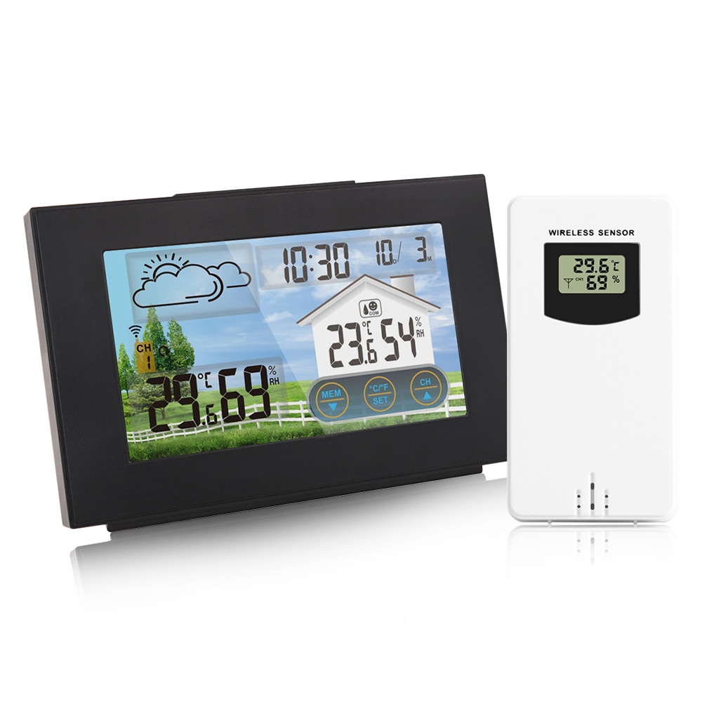 Sunrise and Sunset Thermometer Hygrometer Touch Screen Operation Weather Station Alarm Clock with Wireless OutdoorSensor