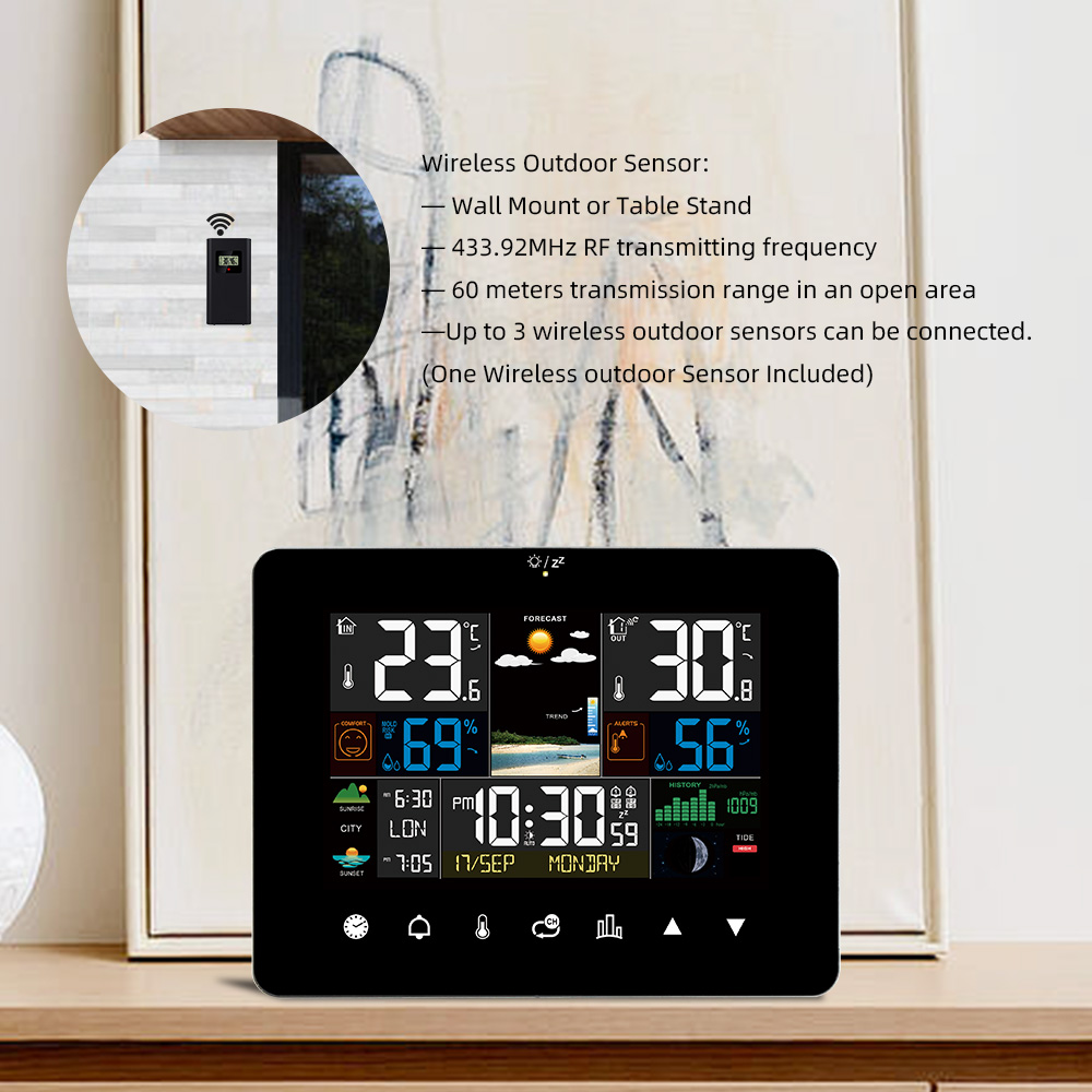 Sunrise and Sunset Thermometer Hygrometer Touch Screen Operation Weather Station Alarm Clock with Wireless OutdoorSensor
