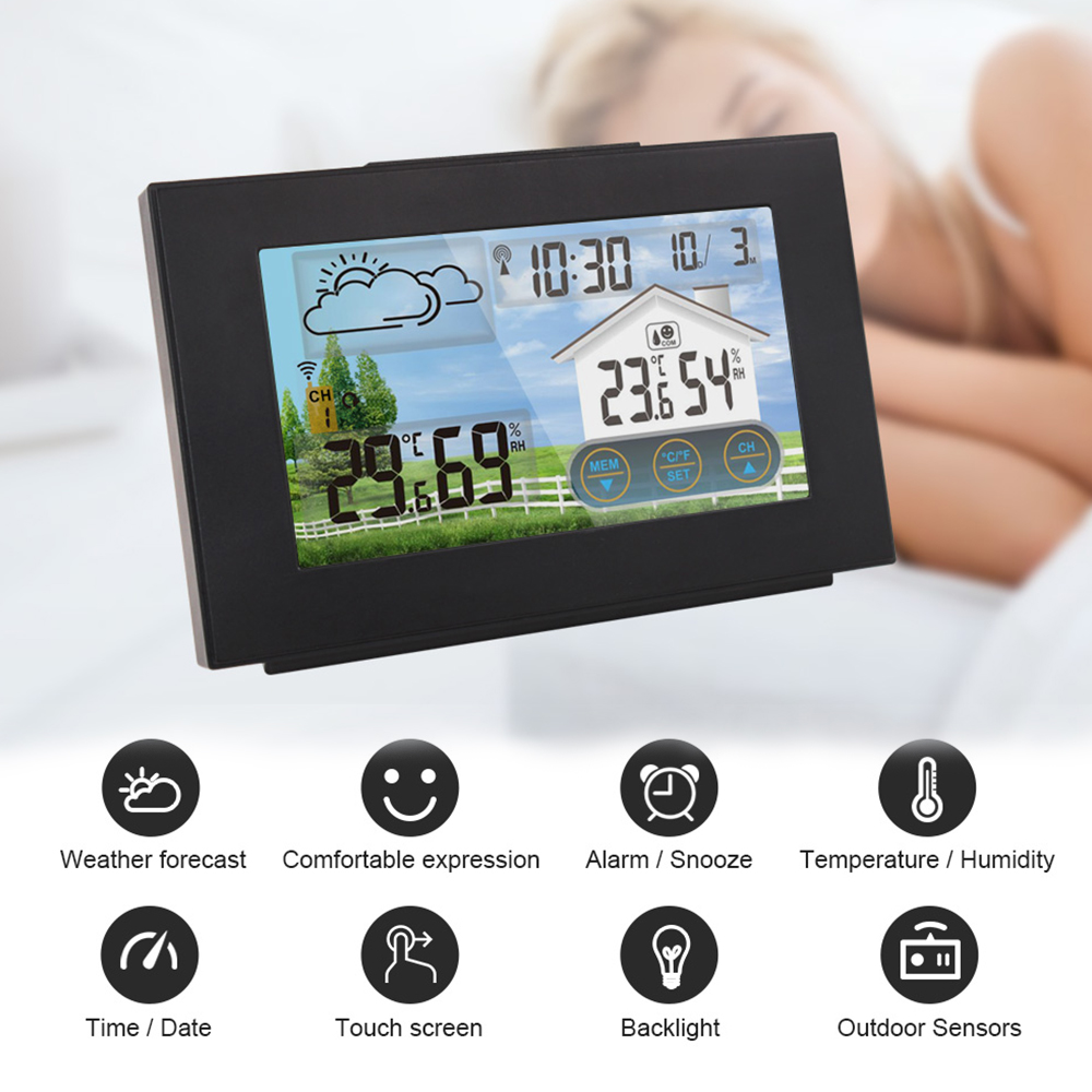 Sunrise and Sunset Thermometer Hygrometer Touch Screen Operation Weather Station Alarm Clock with Wireless OutdoorSensor