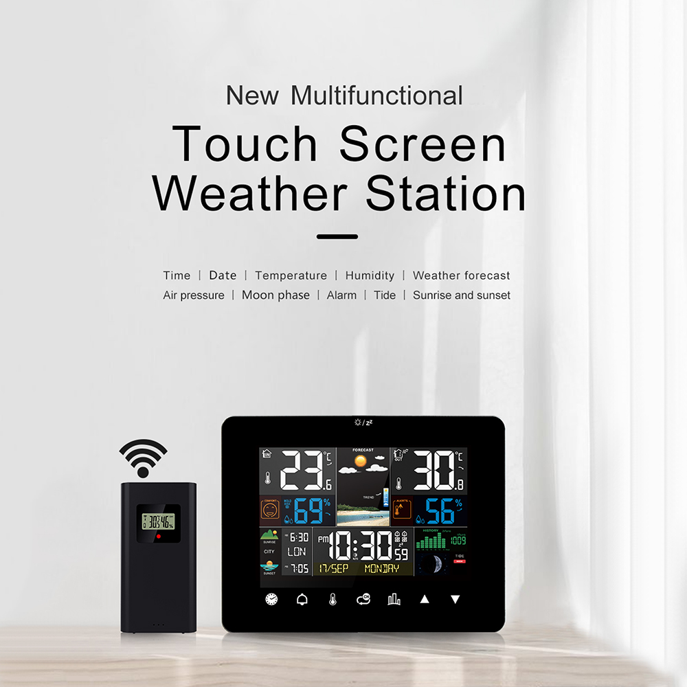 Sunrise and Sunset Thermometer Hygrometer Touch Screen Operation Weather Station Alarm Clock with Wireless OutdoorSensor