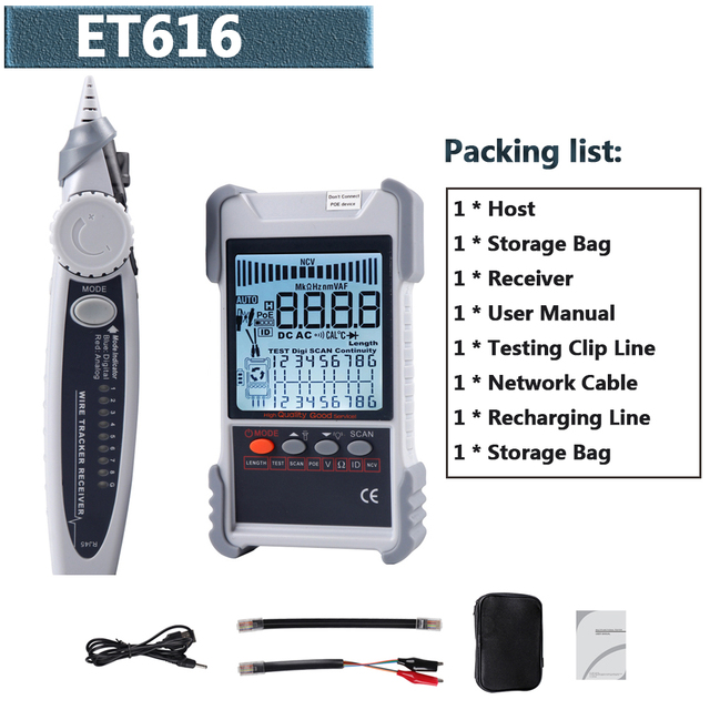 ET616 /ET618 Network Cable Tester Analogs Digital Search POE Test Cable Pairing Sensitivity Adjustable Network Cable Tester