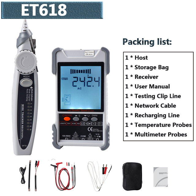 ET616 /ET618 Network Cable Tester Analogs Digital Search POE Test Cable Pairing Sensitivity Adjustable Network Cable Tester