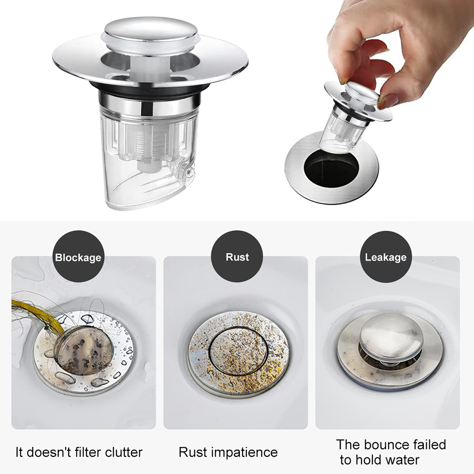 Bathroom Sink Stopper Bounce Drain Filter Pop Up Drain Stopper Push Type Sink Drain Plug for Kitchen Bathroom Wash Basin