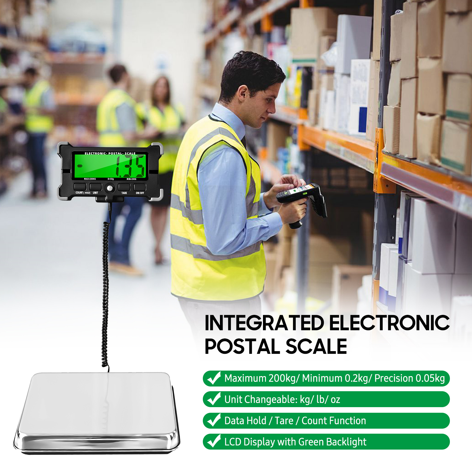 Stainless Steel Digital Scale PS21 440 Lbs Electronic Postal Scale 0.05kg with LCD Backlight Display Shipping Scales