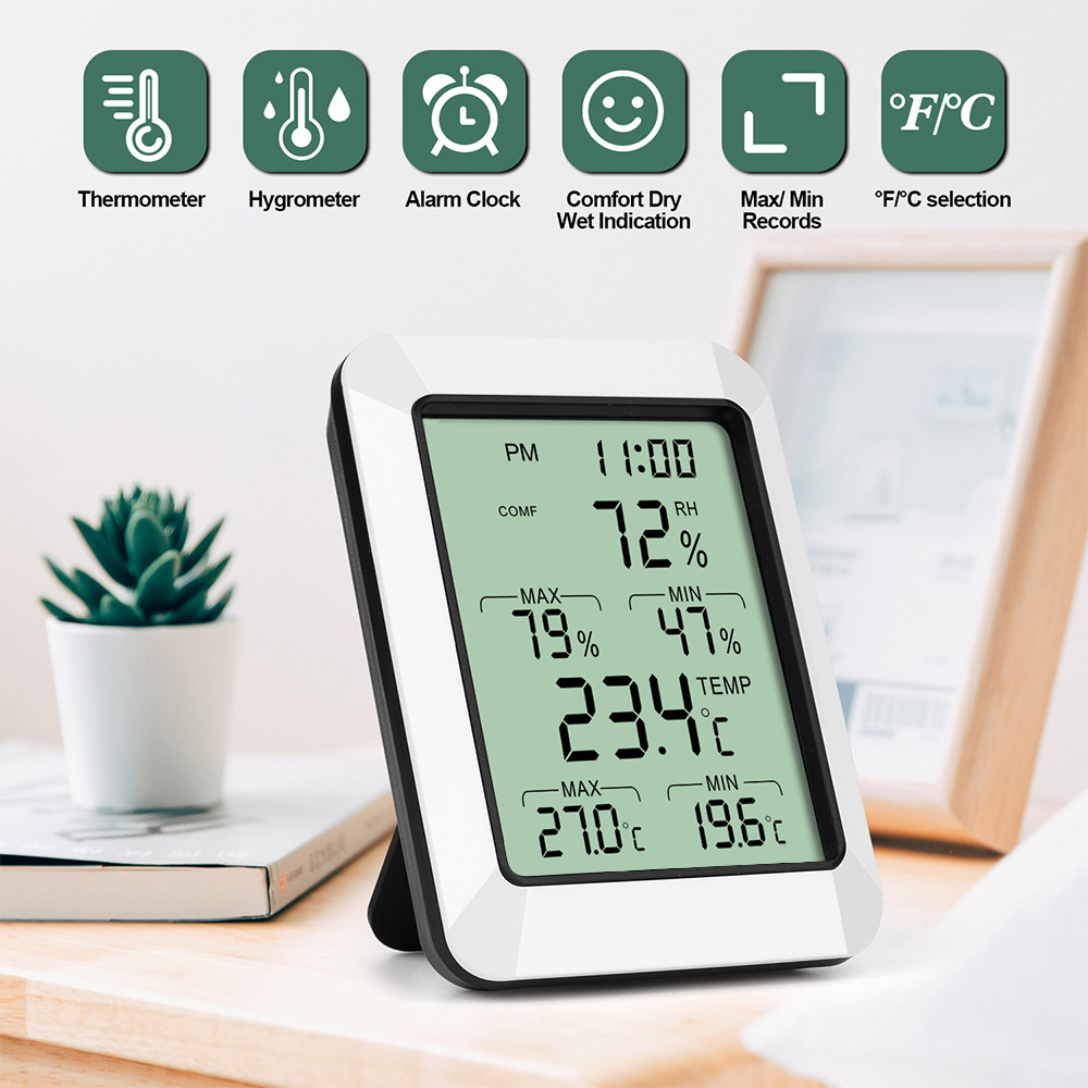 3.9-inch Digital Temperature & Humidity Meter with Max Min Value Display 2 in 1 Alarm Clock Indoor Temperature Humidity Monitor