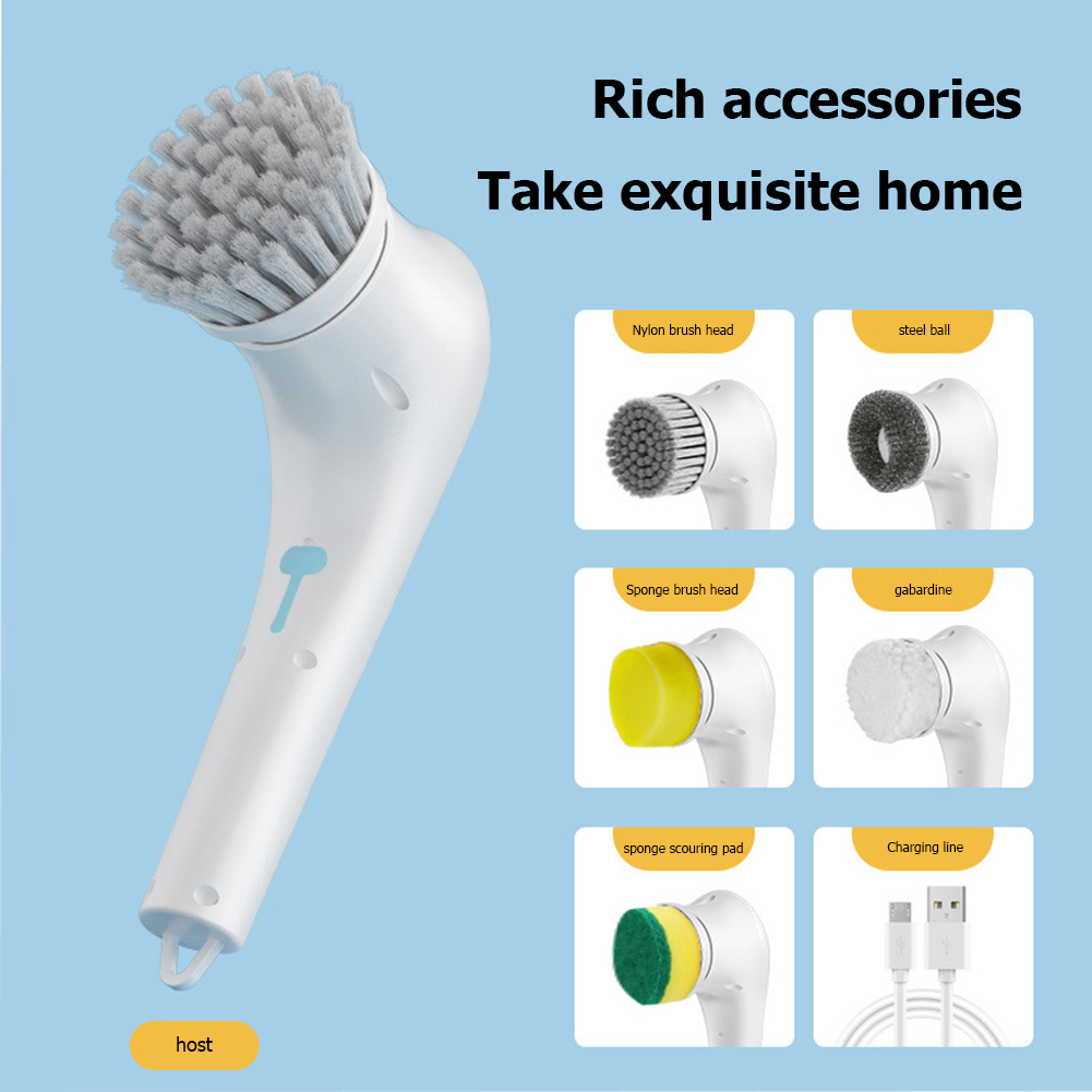 Electric Cleaning Brush USB Charging Bathroom Wash Brush Kitchen Cleaning Tools Handheld Bathtub Drill Brush with 5 Heads