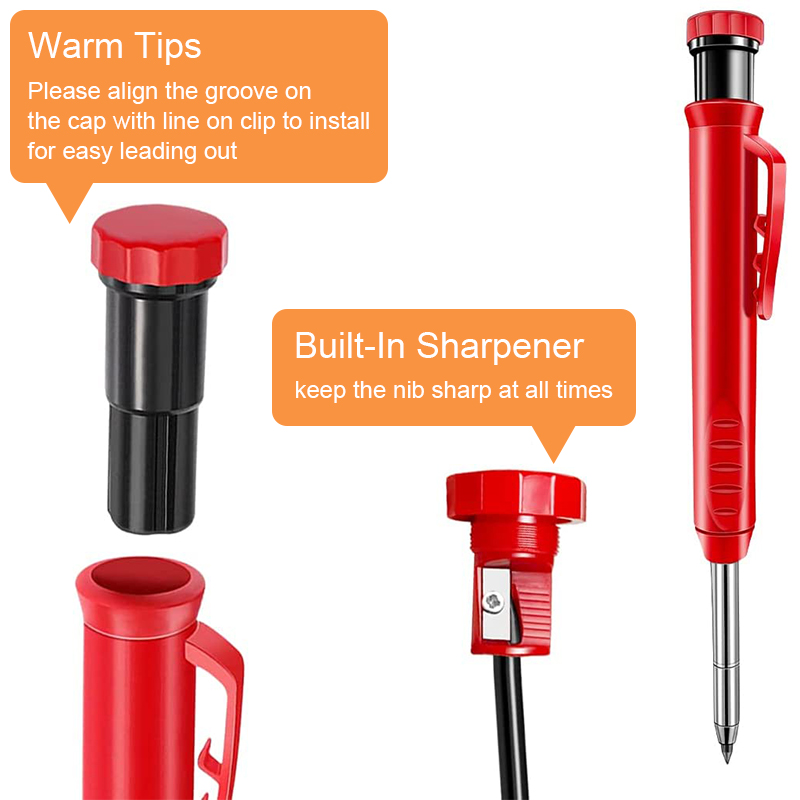 Solid Carpenter Pencil and Built-in Sharpener with Refill Leads for Deep Hole Mechanical Pencil Marker Marking Woodworking Tools