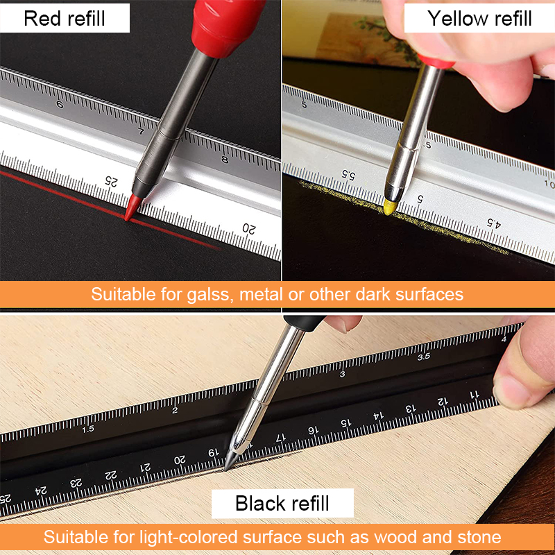 Solid Carpenter Pencil and Built-in Sharpener with Refill Leads for Deep Hole Mechanical Pencil Marker Marking Woodworking Tools