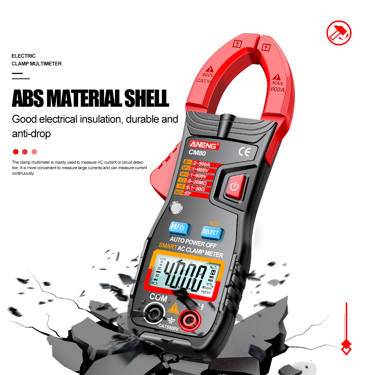CM80 Clamp Meter 500A AC Ammeter Resistance Meter Clamp Type Multimeter 4000 Counts Auto Range Voltmeter with Flashlight