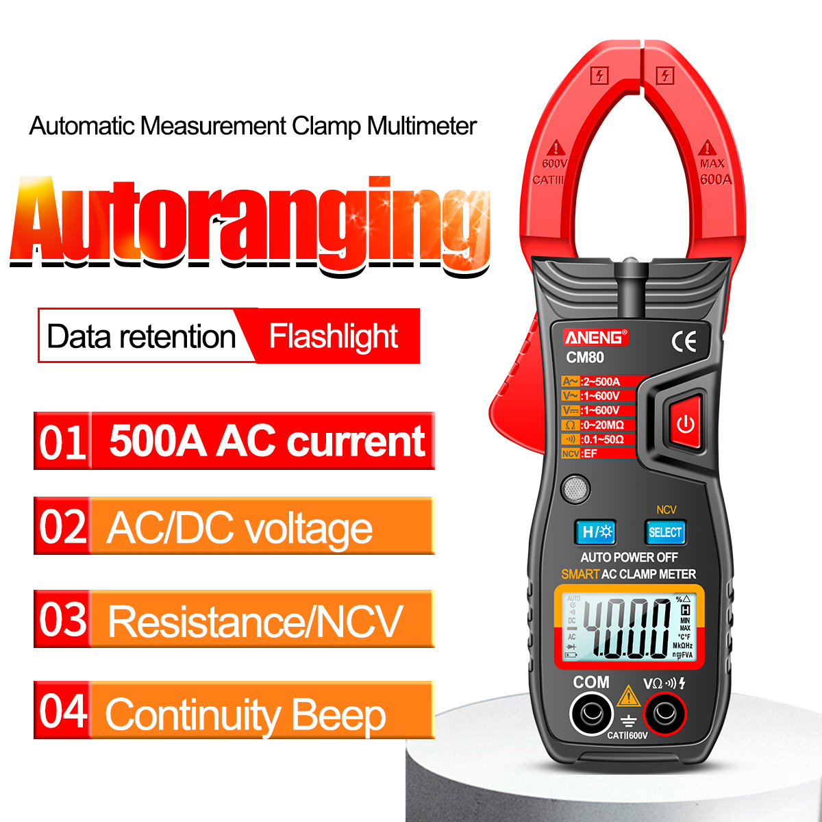 CM80 Clamp Meter 500A AC Ammeter Resistance Meter Clamp Type Multimeter 4000 Counts Auto Range Voltmeter with Flashlight