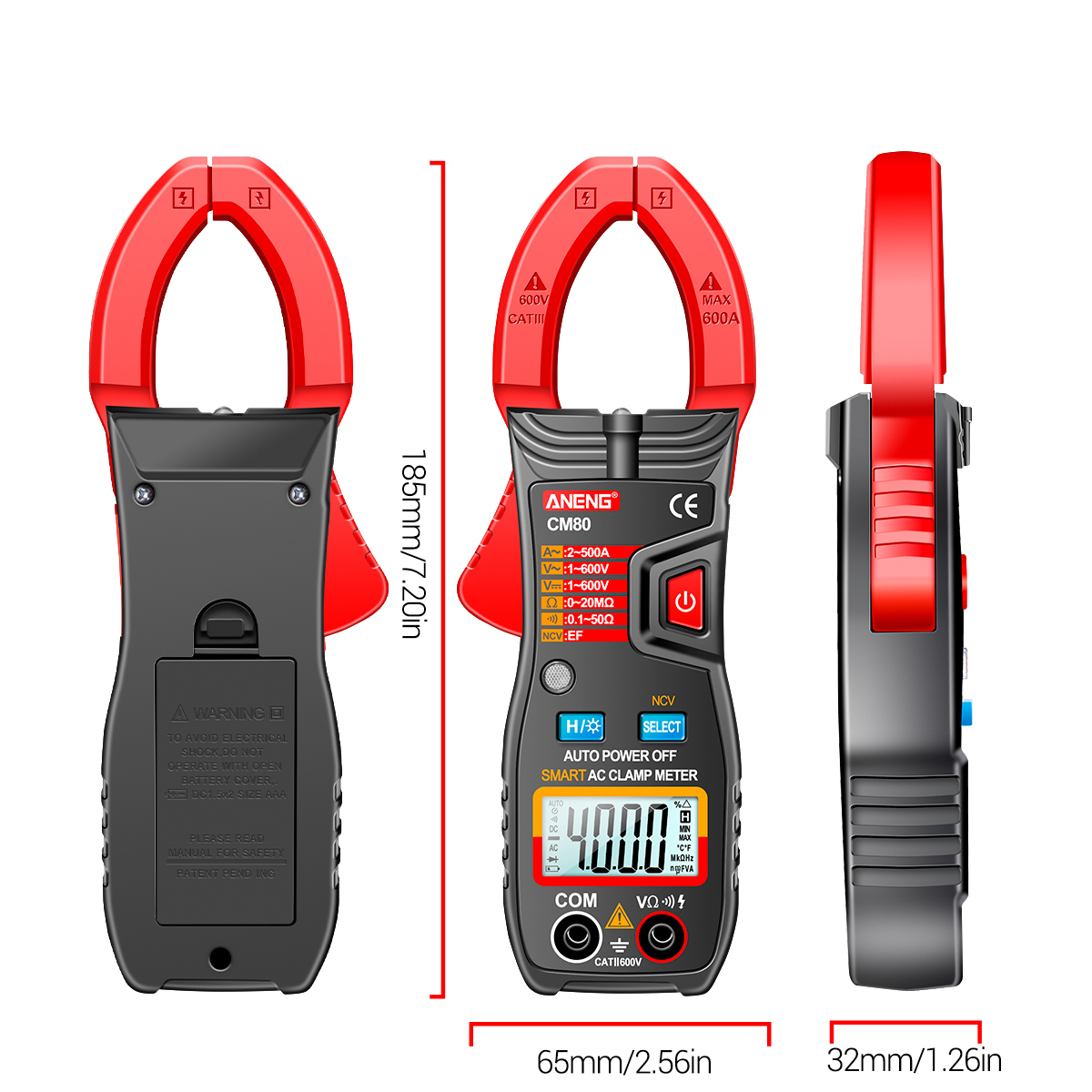 CM80 Clamp Meter 500A AC Ammeter Resistance Meter Clamp Type Multimeter 4000 Counts Auto Range Voltmeter with Flashlight