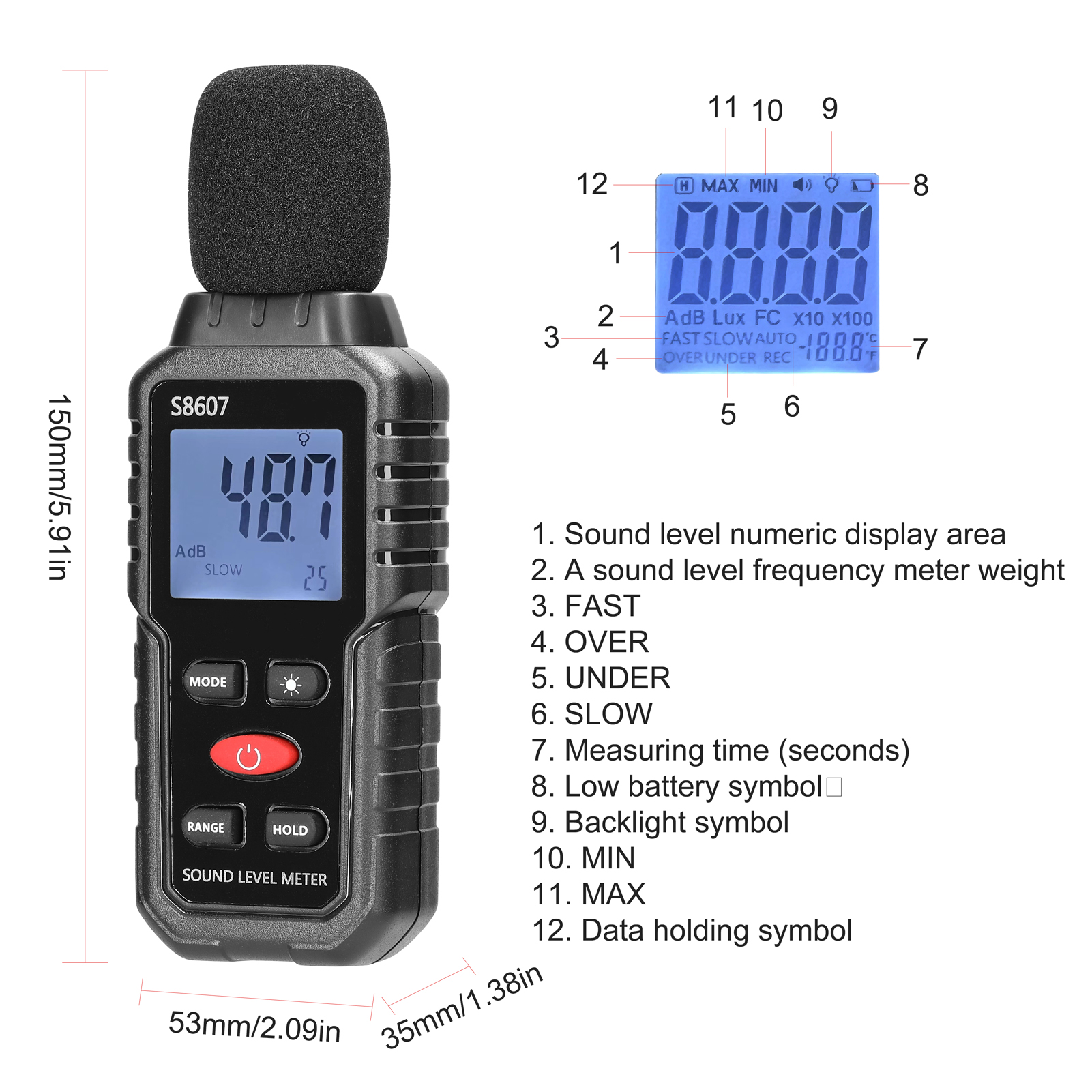 30-130dB Noise Detector A-weighted Mini Decibel Monitoring Device High Accuracy Sound Level Meter Digital Display with Backlight