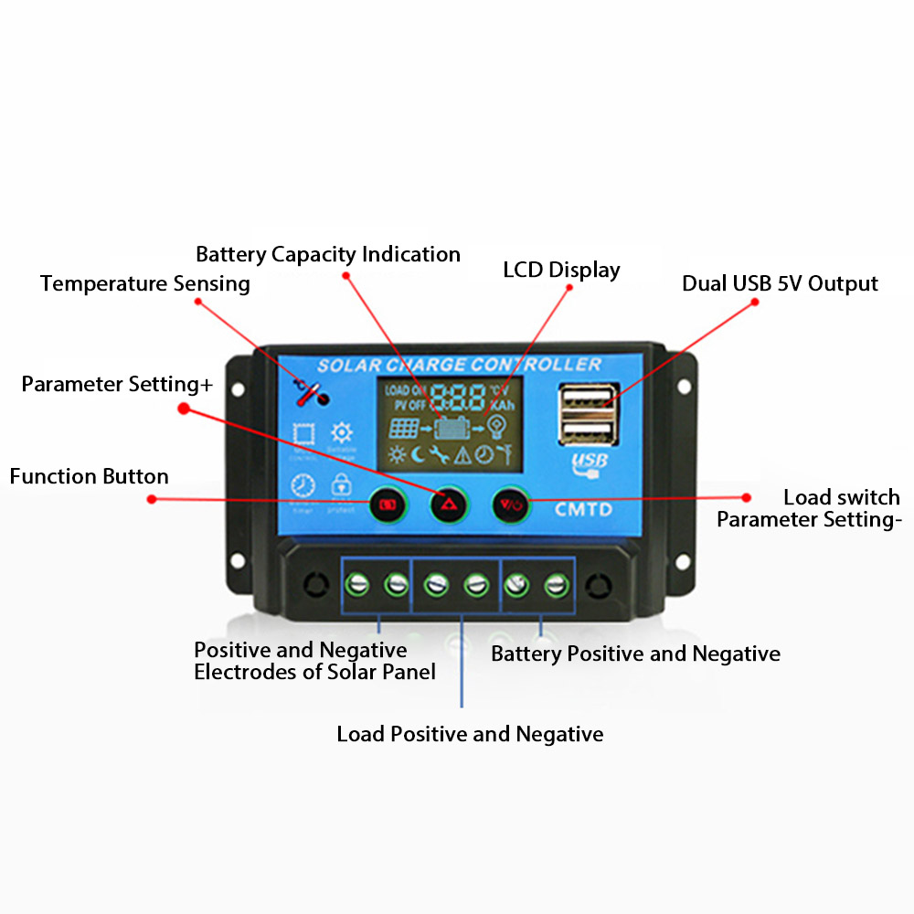 12/24V Solar Charge Controller Dual USB LCD Auto Solar Cell Panel Charger Regulator Dual Output Charge Discharge Controller