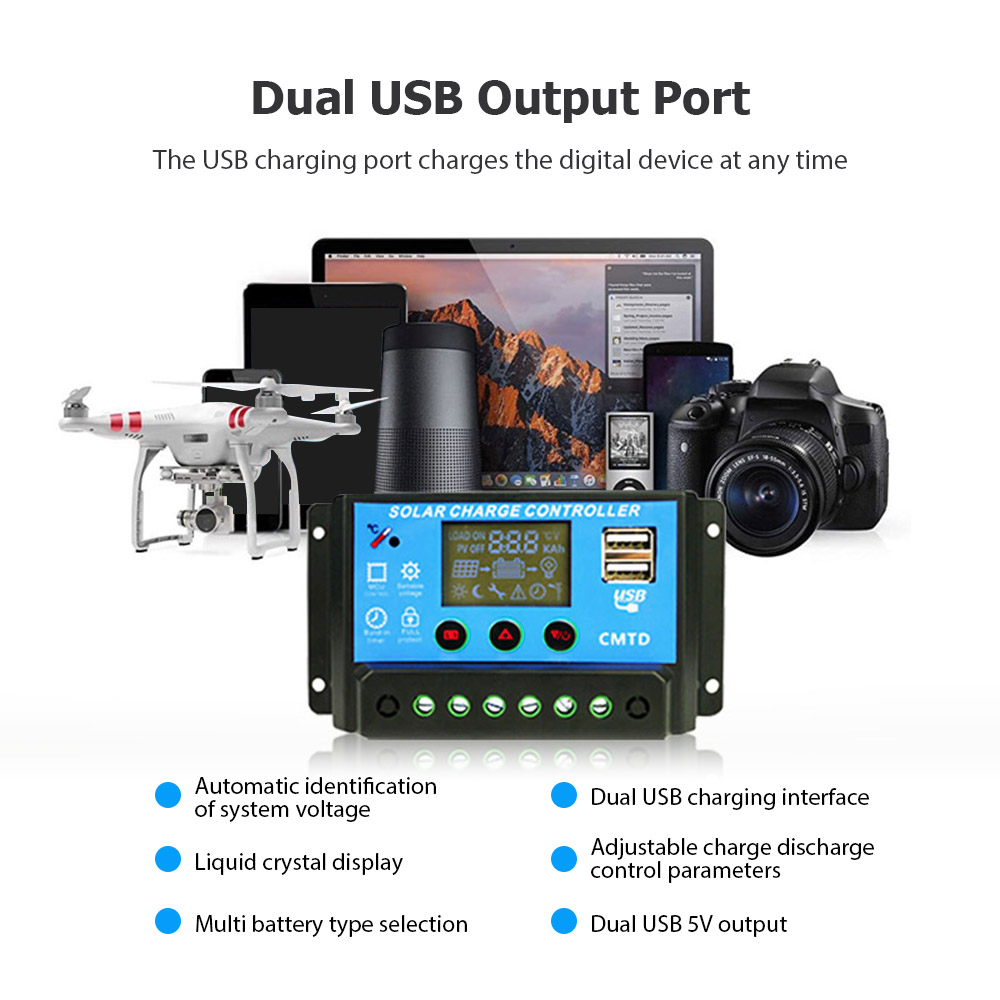 12/24V Solar Charge Controller Dual USB LCD Auto Solar Cell Panel Charger Regulator Dual Output Charge Discharge Controller