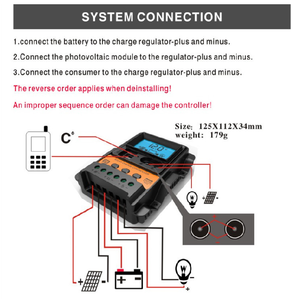 12V/24V Auto Identification LCD Solar Controller Dual USB Output Photovoltaic Power Controller 3-stage Charging Management