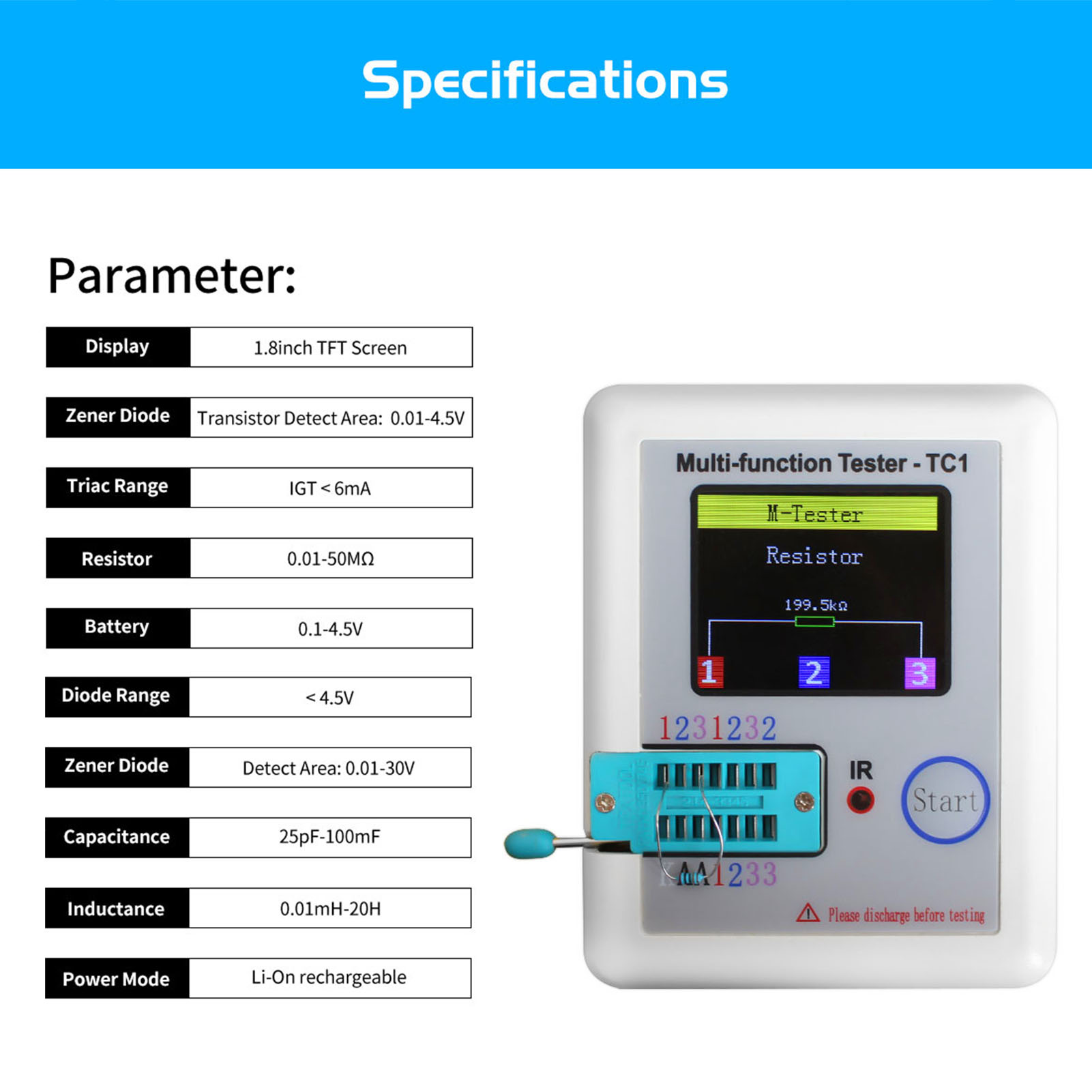 LCR-TC1 1.8" TFT LCD Display Multimeter Transistor Tester Diode Triode Capacitor Resistor Detector MOSFET NPN PNP Triac MOS