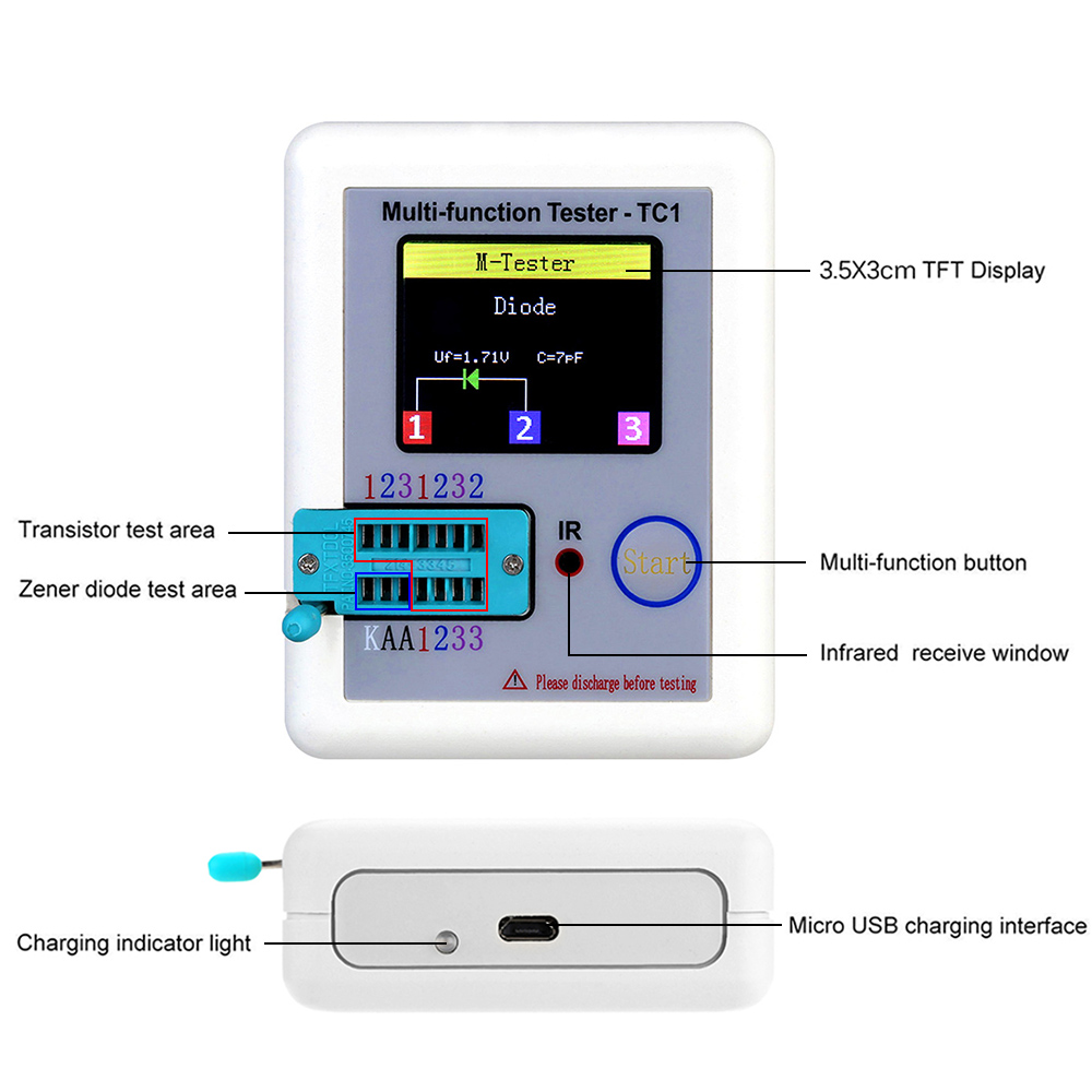 LCR-TC1 1.8" TFT LCD Display Multimeter Transistor Tester Diode Triode Capacitor Resistor Detector MOSFET NPN PNP Triac MOS
