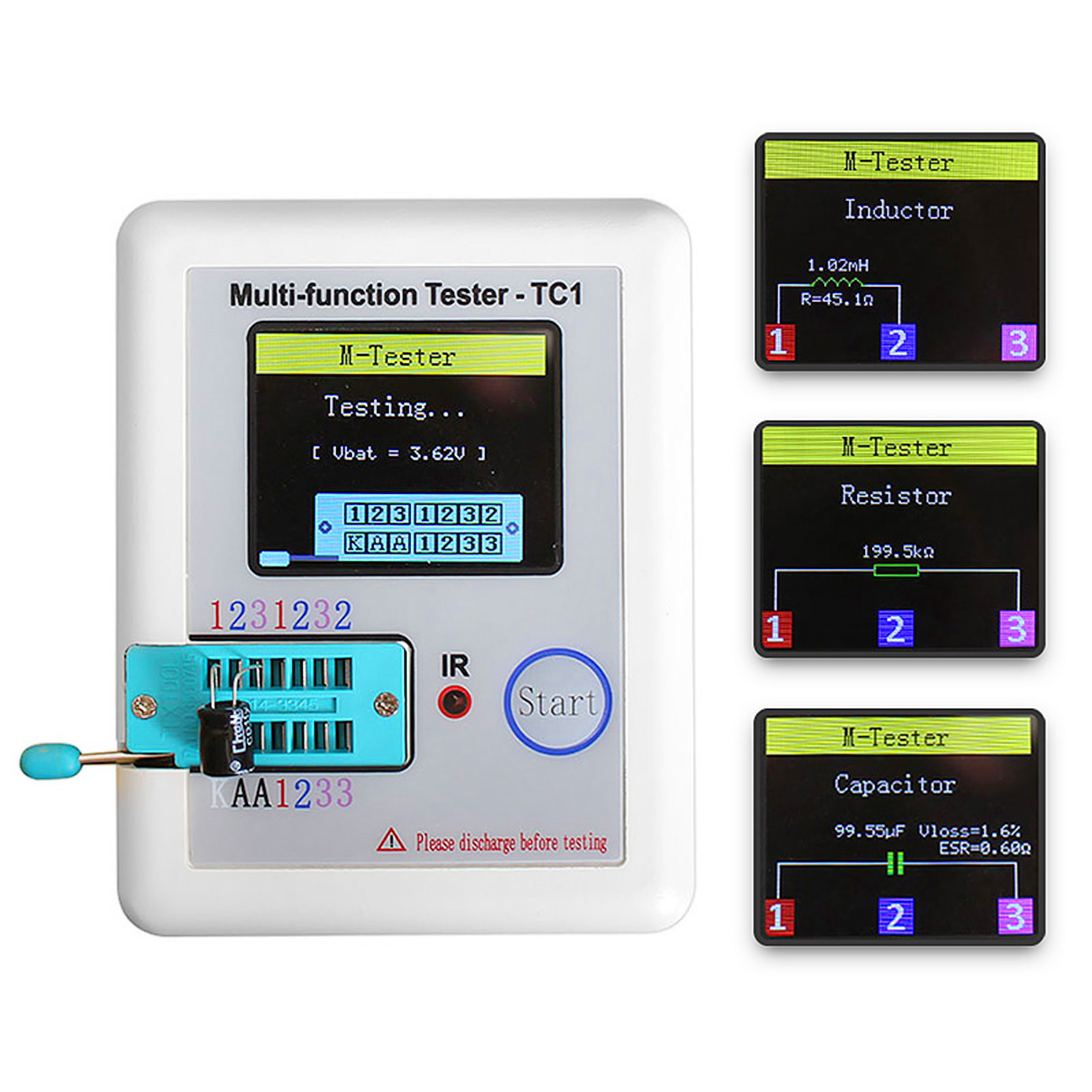 LCR-TC1 1.8" TFT LCD Display Multimeter Transistor Tester Diode Triode Capacitor Resistor Detector MOSFET NPN PNP Triac MOS