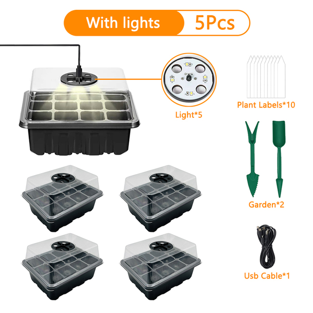 5 Pack Plastic Seed Starter Tray with Lids for Greenhouse Growing Vegetable Flower Indoor Outdoor Germination Box Nursery Pots