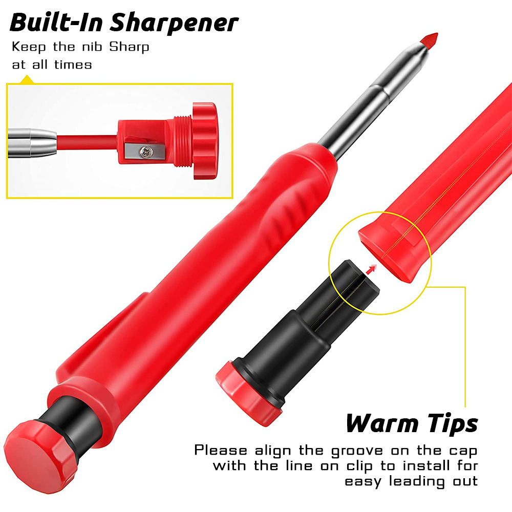 Solid Carpenter Pencil with Refill Leads and Built-in Sharpener for Deep Hole Mechanical Pencil Marker Marking Woodworking Tools