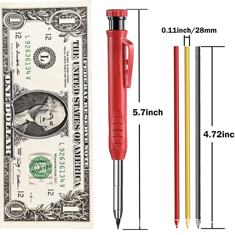 Solid Carpenter Pencil with Refill Leads and Built-in Sharpener Deep Hole Mechanical Pencil Marker Marking Woodwork Tool Kit