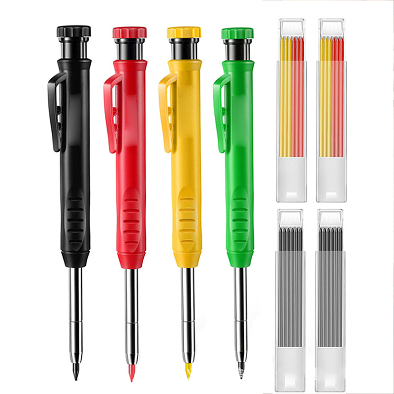 Solid Carpenter Pencil with Refill Leads and Built-in Sharpener Deep Hole Mechanical Pencil Marker Marking Woodwork Tool Kit